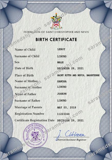 Saint Kitts vital record birth certificate PSD template